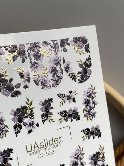 Nagel Water Decal CF-593 | Elegante Paarse Bloemen Nagel Water Decals | Volledige Bedekking Stickers met Gouden Details