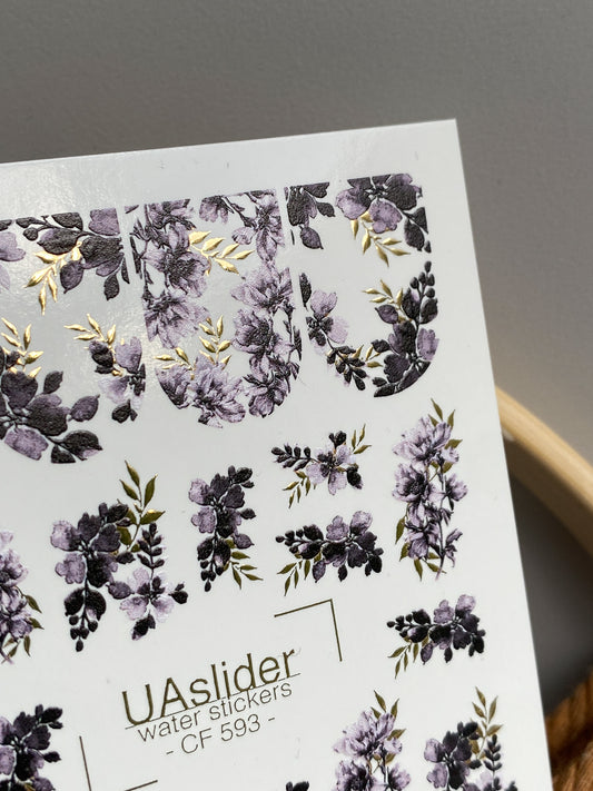 Köröm víz matrica CF-593 | Elegáns lila virágos köröm víz matricák | Teljes fedésű matricák arany részletekkel