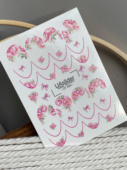 Nail Water Decal CF-584 | Water Slide Nail Decals with Pink Peonies and Bows | Elegant Floral Nail Stickers