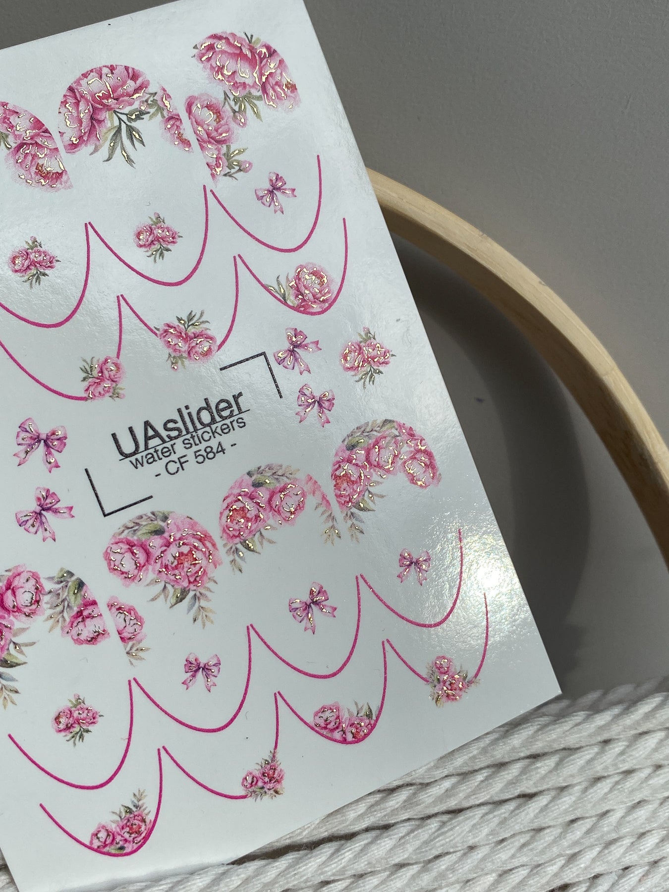 Nail Water Decal CF-584 | Water Slide Nail Decals with Pink Peonies and Bows | Elegant Floral Nail Stickers