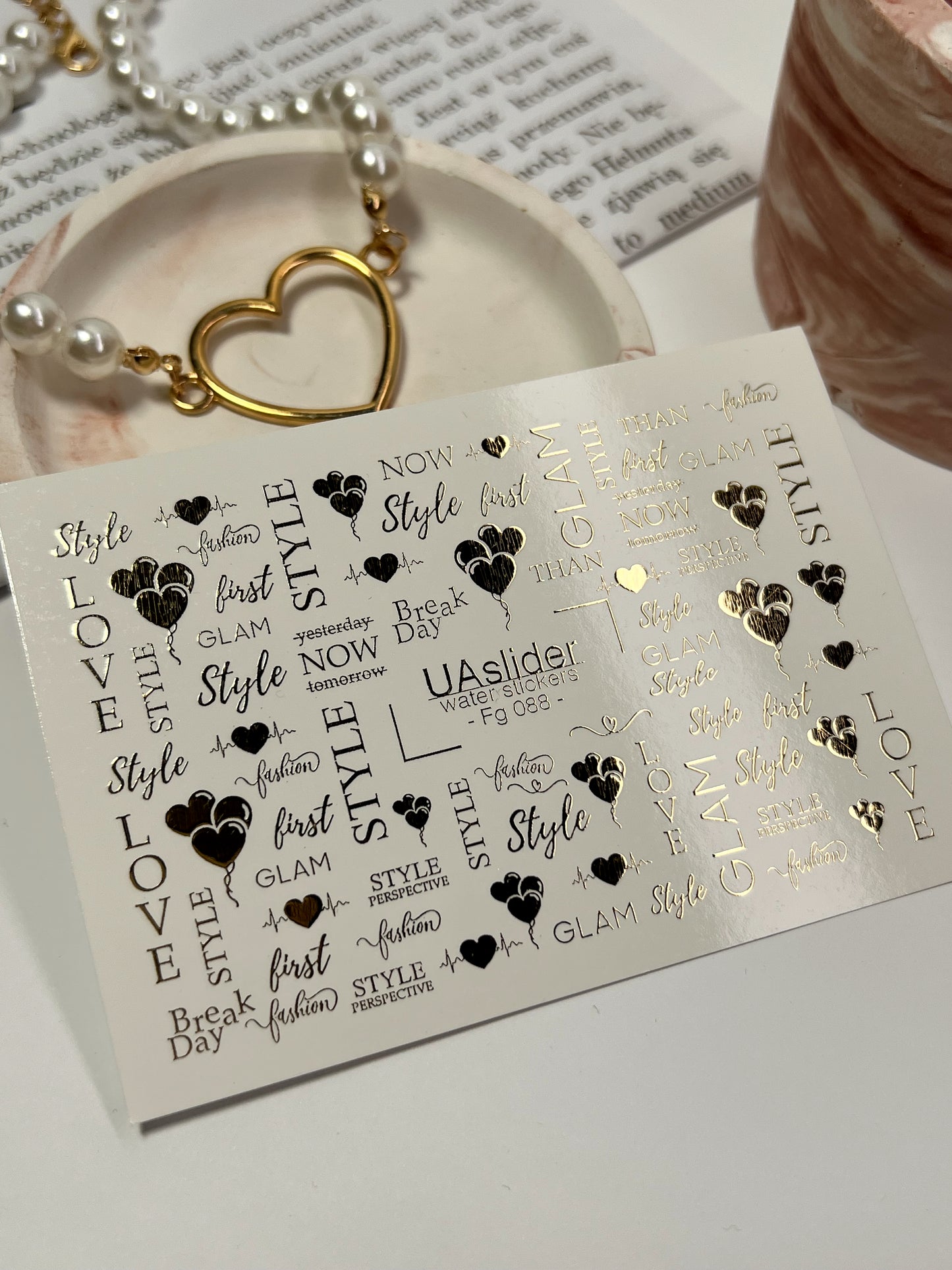 Nálepky na nehty Fg-088 | Zlaté fóliové vodní nálepky na nehty | Styl Glam a citáty o lásce