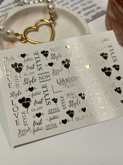 Nálepky na nehty Fg-088 | Zlaté fóliové vodní nálepky na nehty | Styl Glam a citáty o lásce