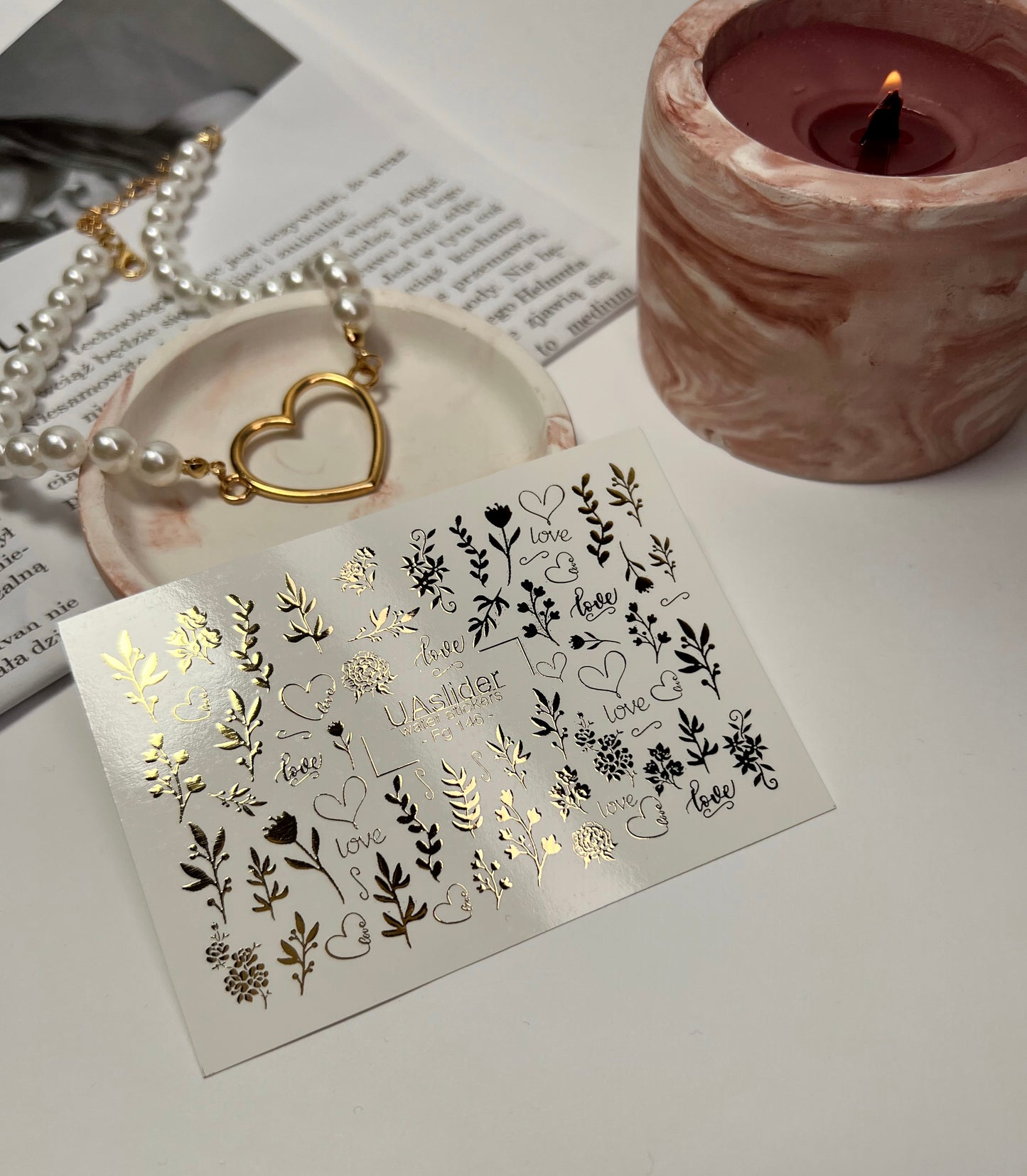 Nail Water Decal Fg-146 | Water Slide Nail Decals with Gold Love Writings and Floral Branches | Romantic Nail Art