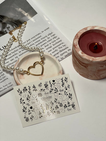 Nail Water Decal Fg-146 | Water Slide Nail Decals with Gold Love Writings and Floral Branches | Romantic Nail Art