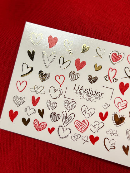 Naklejka na paznokcie wodna CF-057 | Naklejki wodne na paznokcie w kształcie serca | Czerwone, czarne i złote wzory suwaków miłości