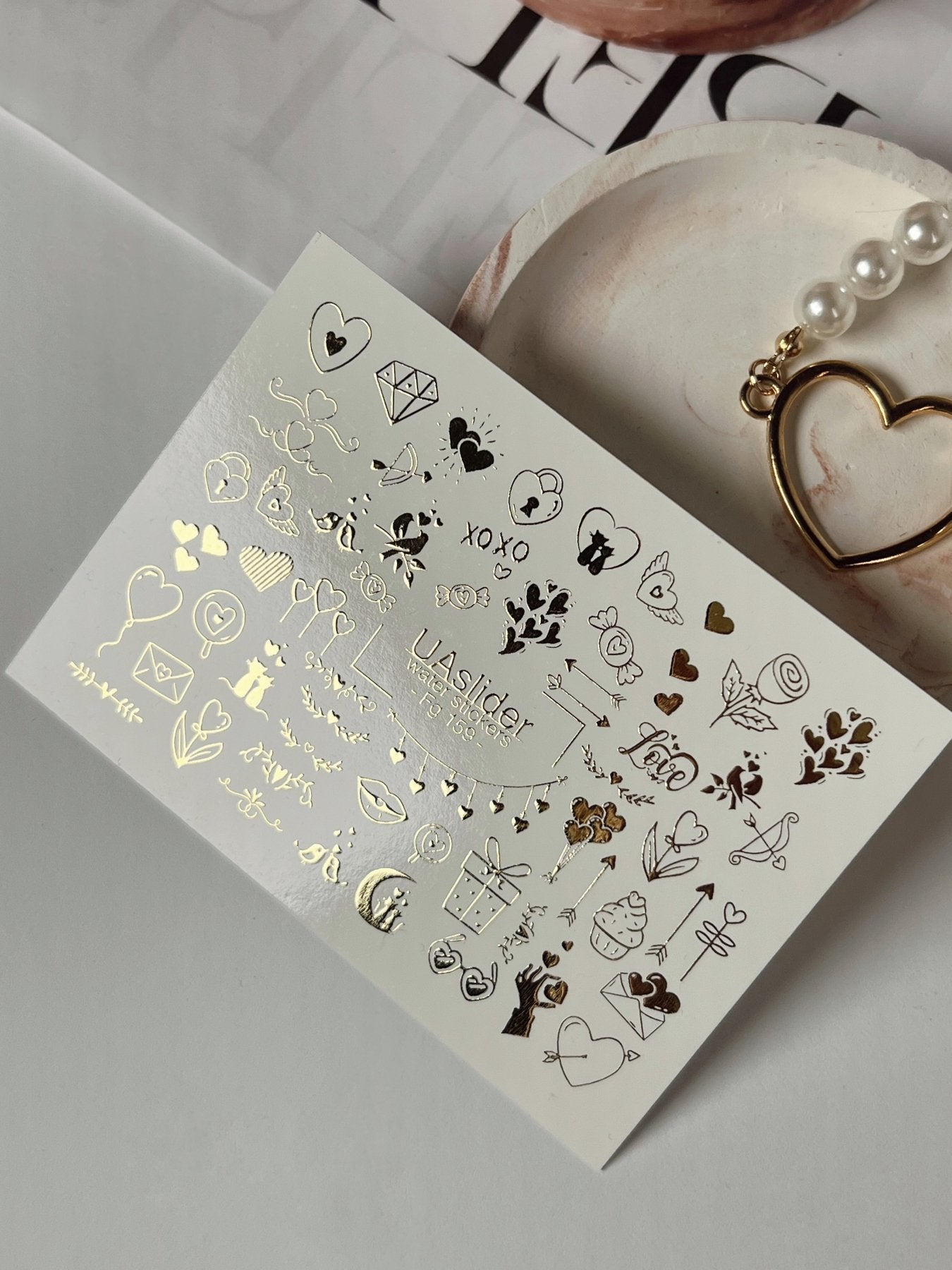 Nail Water Decal Fg-159 | Gold Foil Water Slide Nail Decals | Romantic Love & Cute Accents - UASLIDER