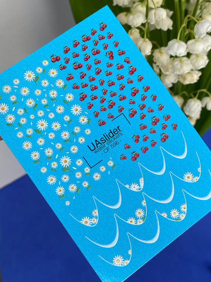 Nail Water Decal CF-596 | Cherry & Daisy Water Slide Nail Decals | Summer French Nail Stickers