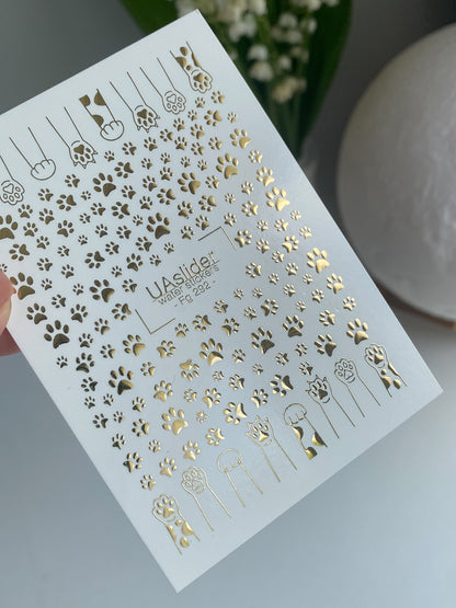 Nail Water Decal Fg-292 | Water Slide Nail Decals | Gold Foil Cat and Dog Paw Prints