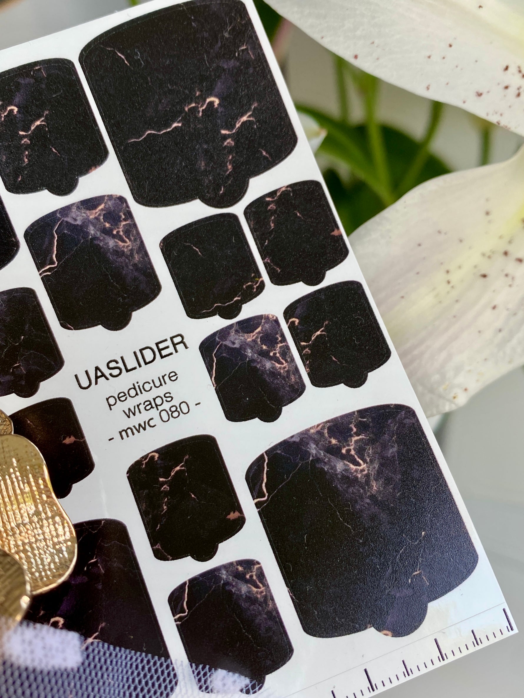 Black Marble Pedicure Nail Wraps — Dark Stone & Rose Gold Veins | MWC-080