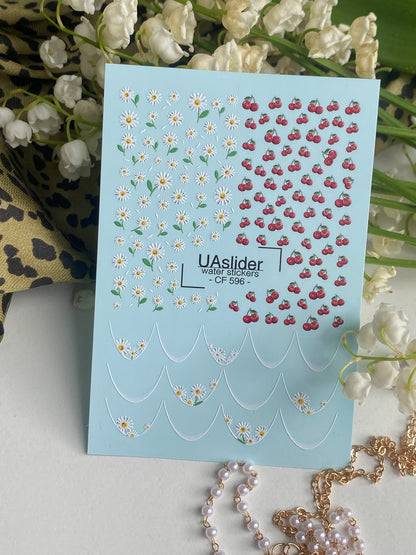 Nail Water Decal CF-596 | Cherry & Daisy Water Slide Nail Decals | Summer French Nail Stickers