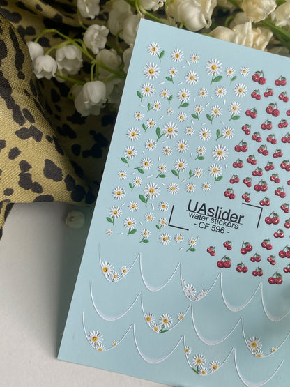 Nail Water Decal CF-596 | Cherry & Daisy Water Slide Nail Decals | Summer French Nail Stickers