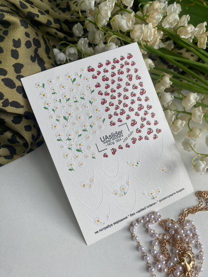 Decalcomanii de apă pentru unghii NCg-054 | Decalcomanii pentru unghii cu alunecare pe apă | Margarete, cireșe și vârfuri franțuzești