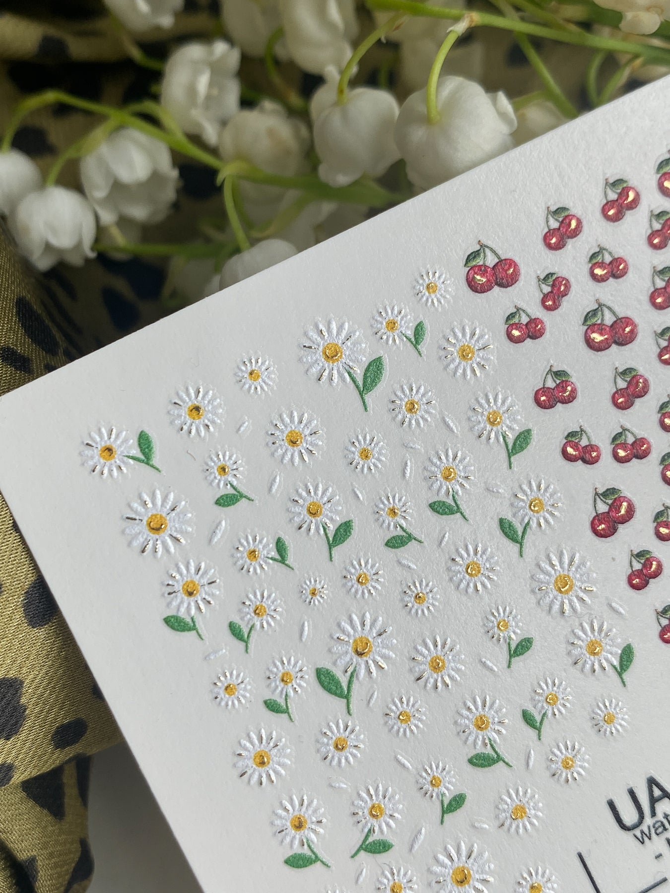 Decalcomanii de apă pentru unghii NCg-054 | Decalcomanii pentru unghii cu alunecare pe apă | Margarete, cireșe și vârfuri franțuzești