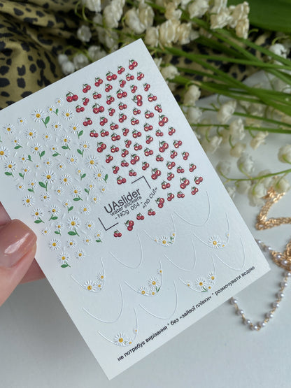 Decalcomanii de apă pentru unghii NCg-054 | Decalcomanii pentru unghii cu alunecare pe apă | Margarete, cireșe și vârfuri franțuzești