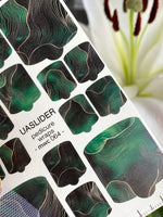 Dark Green Wave Pedicure Nail Wraps — Black & Gold Line Art | MWC-064