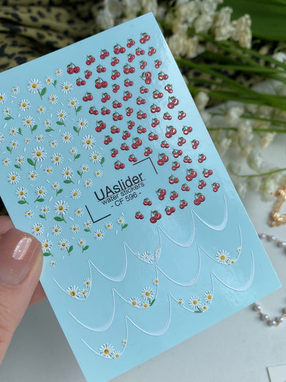 Nail Water Decal CF-596 | Cherry & Daisy Water Slide Nail Decals | Summer French Nail Stickers