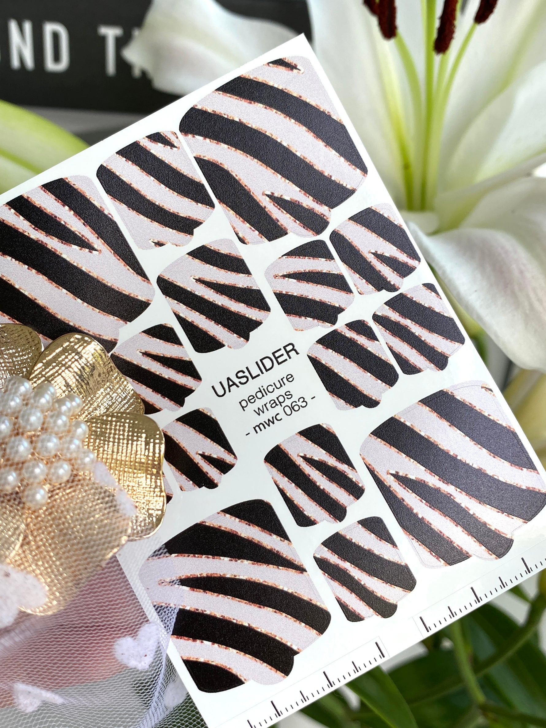 Glam Zebra Pedicure Nail Wraps — Black, Blush & Rose Gold Stripes | MWC-063