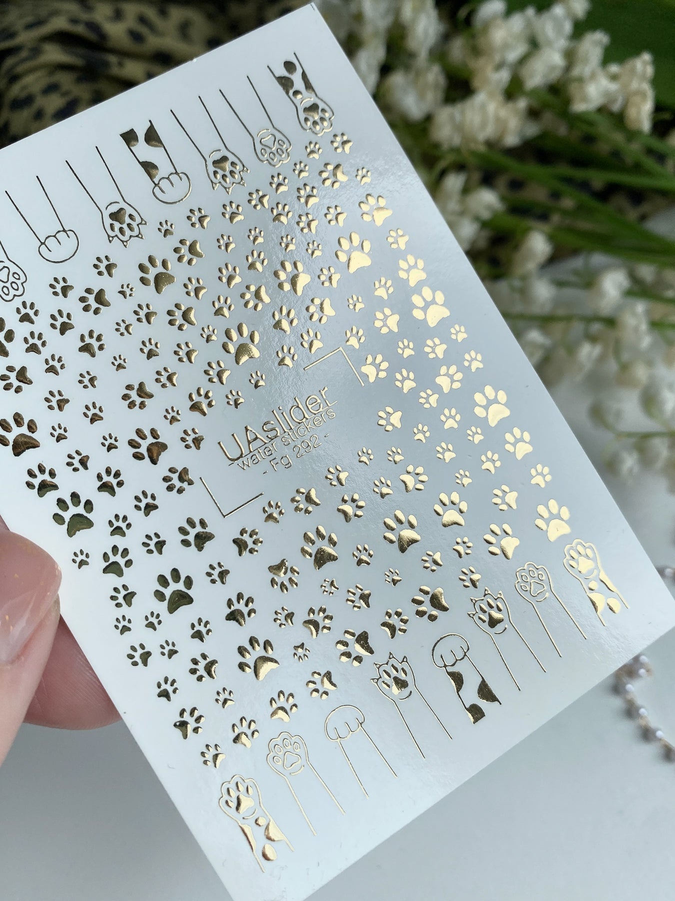 Nail Water Decal Fg-292 | Water Slide Nail Decals | Gold Foil Cat and Dog Paw Prints