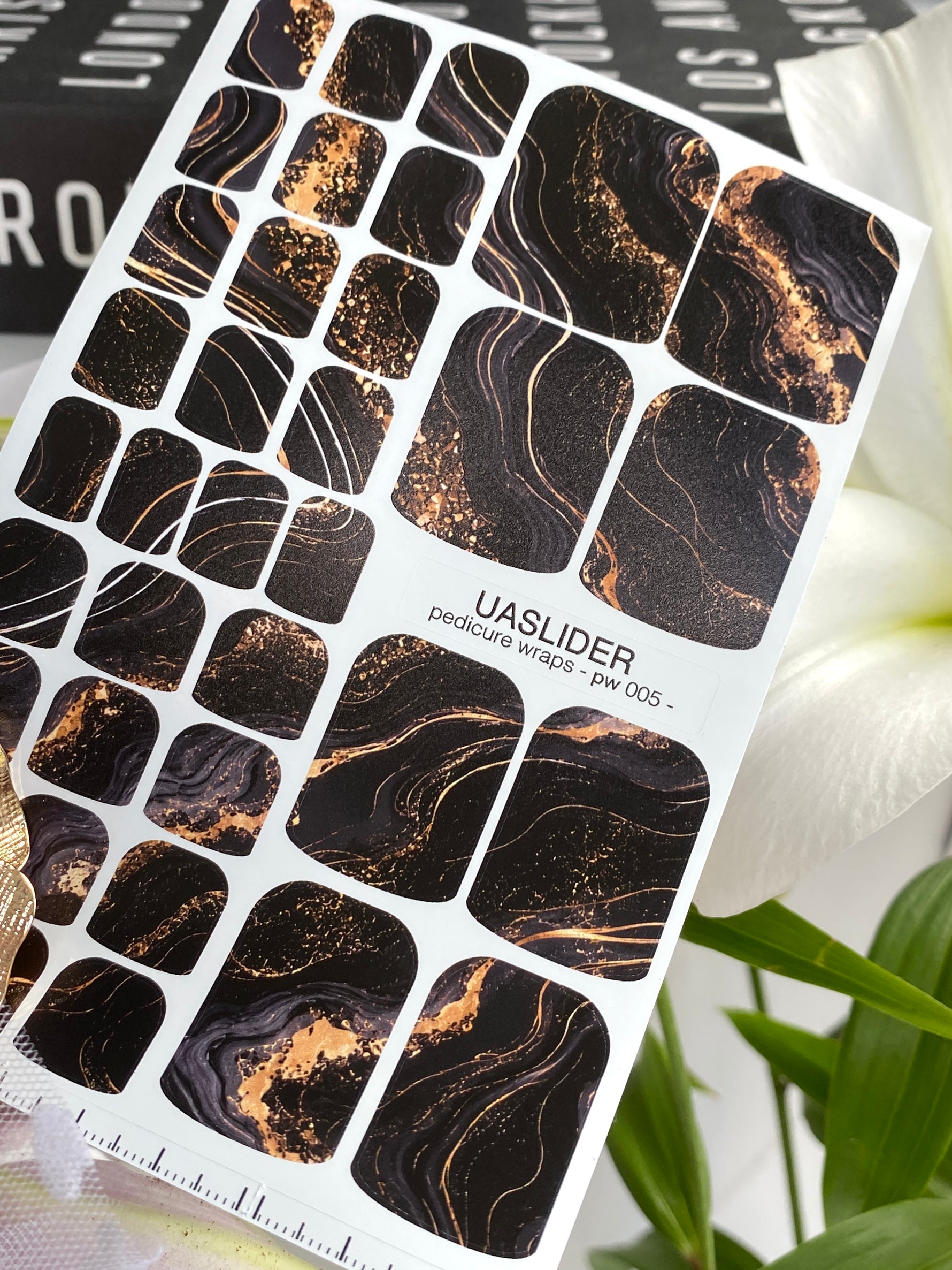 Marble Pedicure Nail Wraps — Black & Gold Swirl with Glitter | PW-005