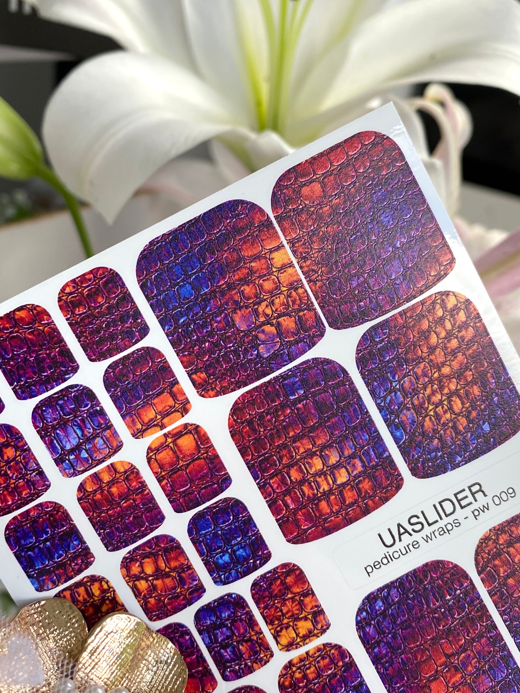 Crocodile Skin Pedicure Nail Wraps — Iridescent Purple Orange | PW-009