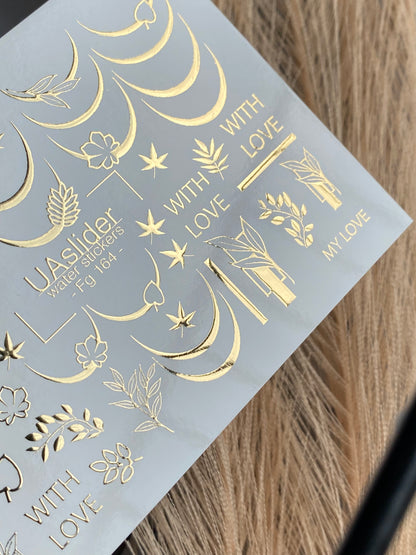 Nail Water Decal Fg-164 | Gold Foil Water Slide Nail Decals | French Lines & Botanical Accents