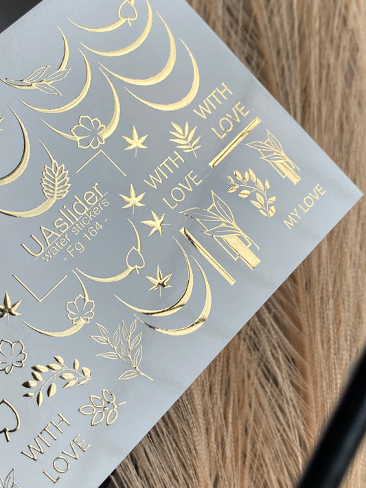 Nail Water Decal Fg-164 | Gold Foil Water Slide Nail Decals | French Lines & Botanical Accents