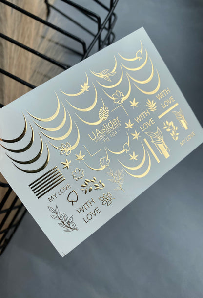 Nail Water Decal Fg-164 | Gold Foil Water Slide Nail Decals | French Lines & Botanical Accents