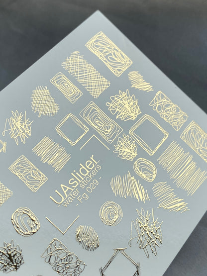 Nail Water Decal Fg-029 | Abstract Sketch Water Slide Nail Decals with Gold Foil | Artistic Line and Shape Designs