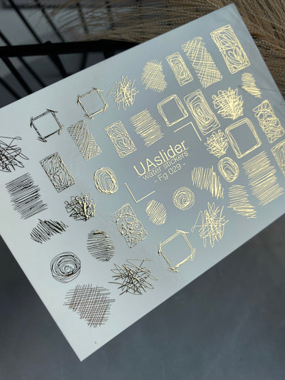 Nail Water Decal Fg-029 | Abstract Sketch Water Slide Nail Decals with Gold Foil | Artistic Line and Shape Designs