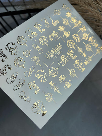 Nail Water Decal Fg-009 | Baroque Water Slide Nail Decals with Gold Foil | Ornamental Luxury Designs