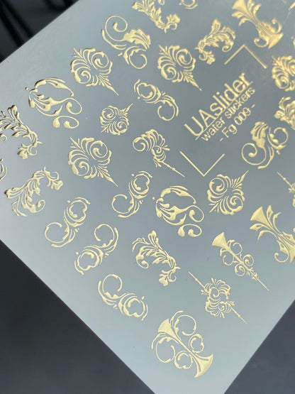 Nail Water Decal Fg-009 | Baroque Water Slide Nail Decals with Gold Foil | Ornamental Luxury Designs