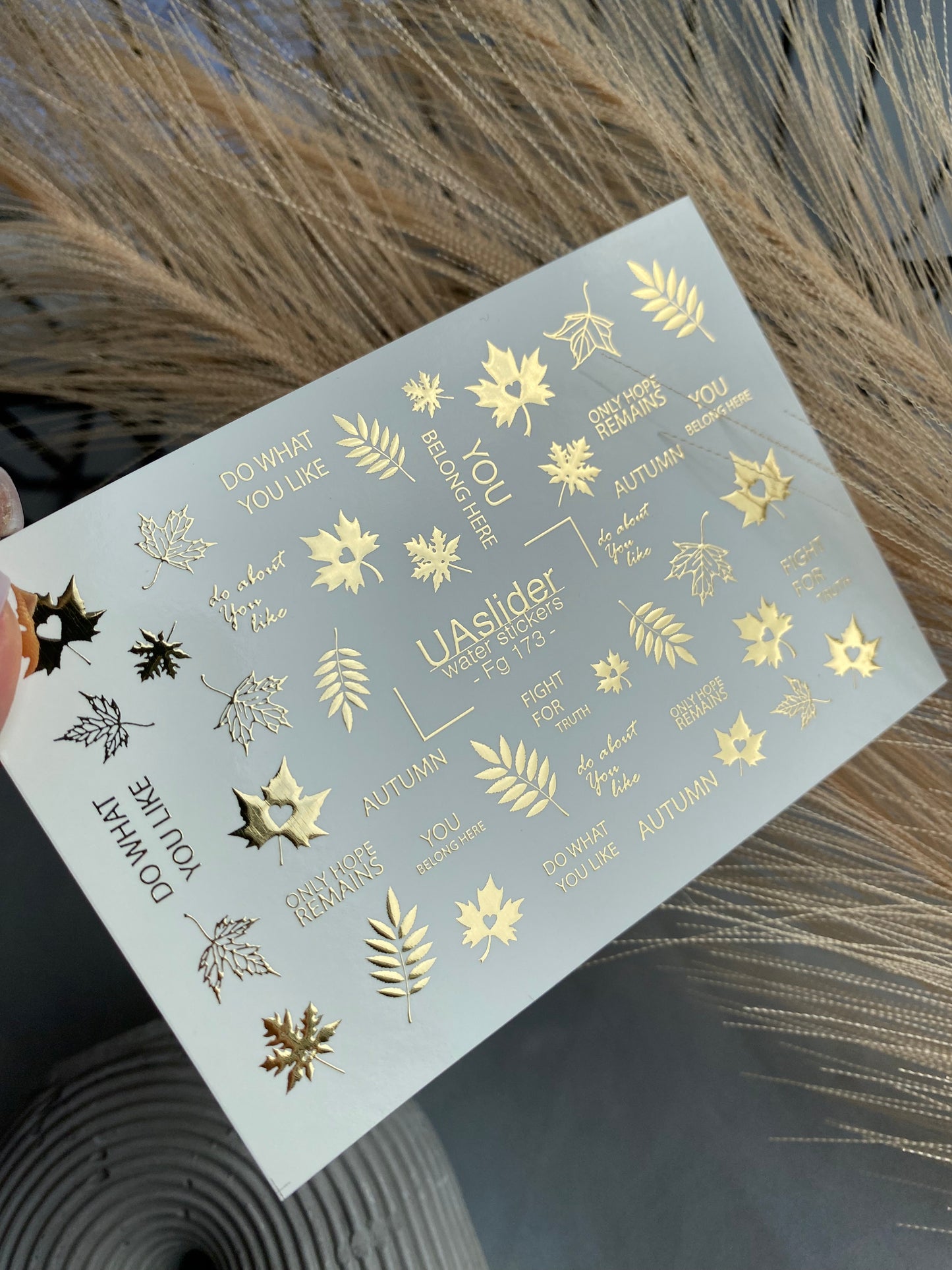 Nail Water Decal Fg-173 | Gold Foil Water Slide Nail Decals | Autumn Leaves & Inspirational Quotes