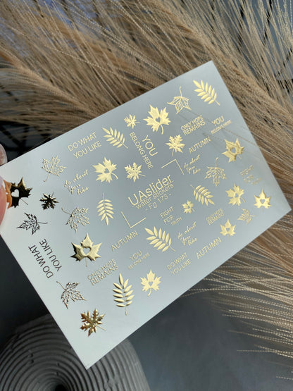 Nail Water Decal Fg-173 | Gold Foil Water Slide Nail Decals | Autumn Leaves & Inspirational Quotes