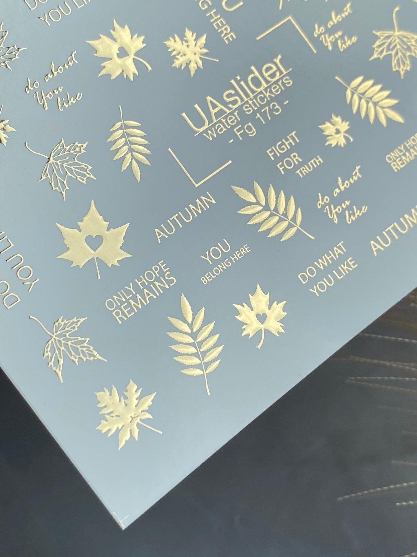 Nail Water Decal Fg-173 | Gold Foil Water Slide Nail Decals | Autumn Leaves & Inspirational Quotes - UASLIDER
