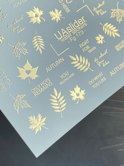 Nail Water Decal Fg-173 | Gold Foil Water Slide Nail Decals | Autumn Leaves & Inspirational Quotes