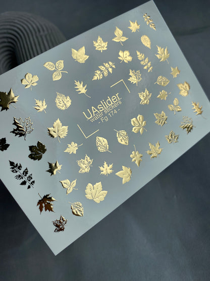Nagel Wasserabziehbild Fg-174 | Goldfolie Wasser-Schiebefolie Nagelabziehbilder | Herbstblätter & Botanische Mischung