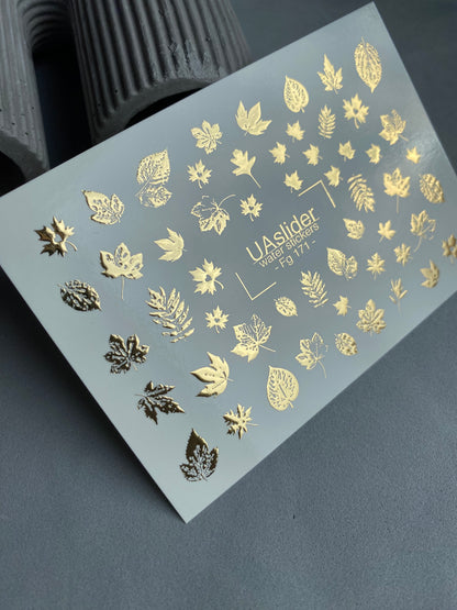 Nail Water Decal Fg-171 | Gold Foil Water Slide Nail Decals | Autumn Leaves & Nature Elements