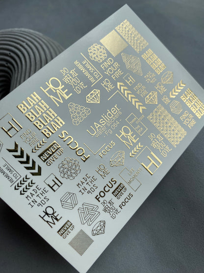 Nagel Wasserabziehbild Fg-064 | Goldfolie Wasser-Schiebefolie Nagelabziehbilder | Geometrische Formen & Motivationswörter