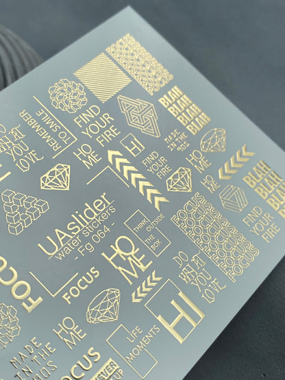 Nagel Wasserabziehbild Fg-064 | Goldfolie Wasser-Schiebefolie Nagelabziehbilder | Geometrische Formen & Motivationswörter