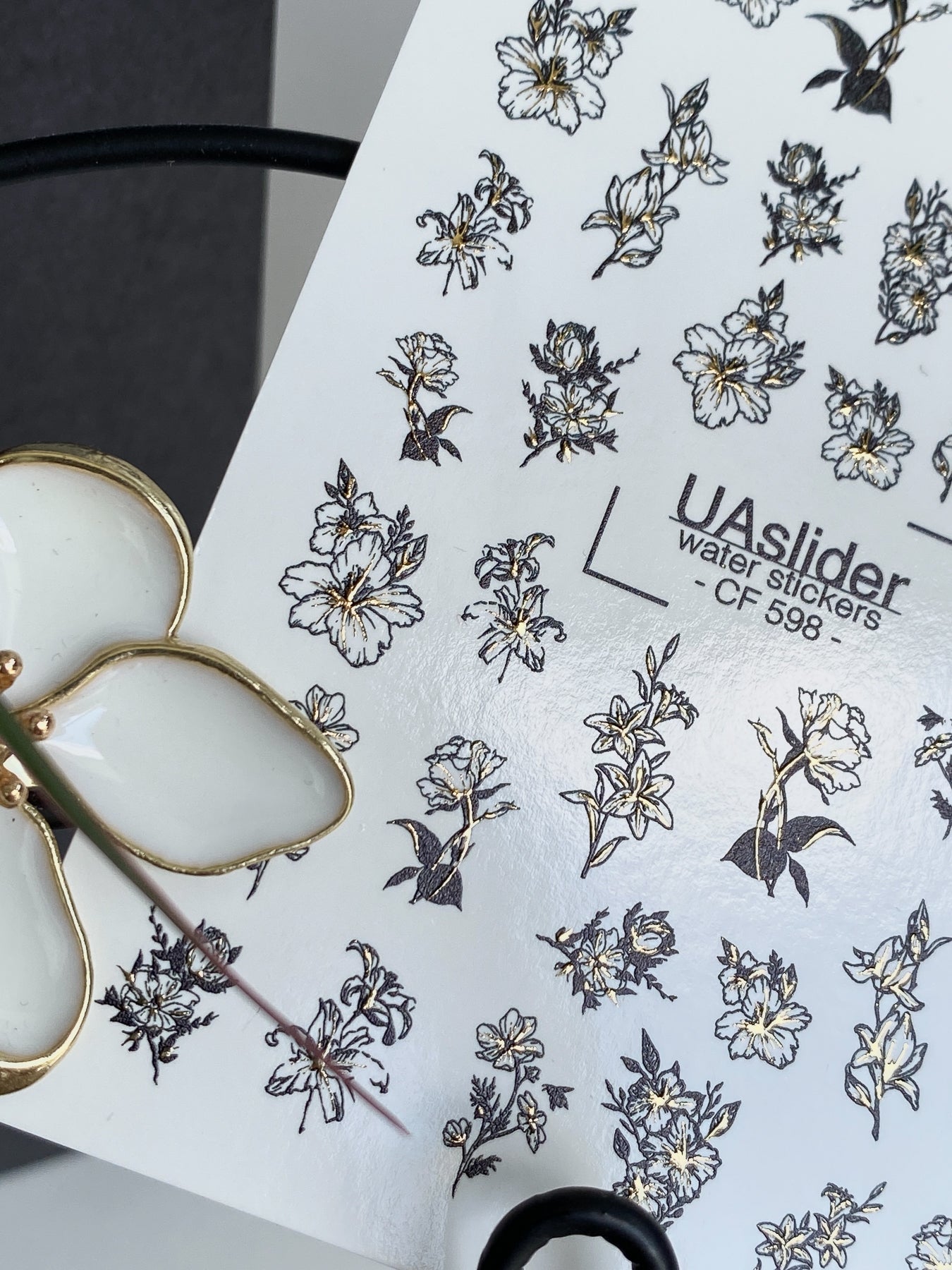 Nail Water Decal CF-598 | Black & Gold Floral Outline Water Slide Nail Decals | Elegant Line Art Nail Stickers - UASLIDER