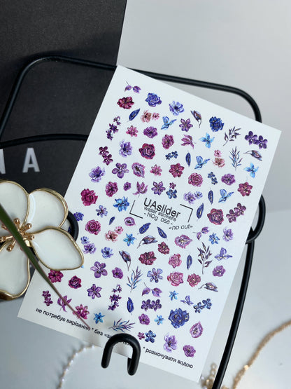 Décalcomanie d'ongles NCg-056 | Décalcomanies à glisser sur l'eau pour ongles avec fleurs | Fleurs violettes et bleues