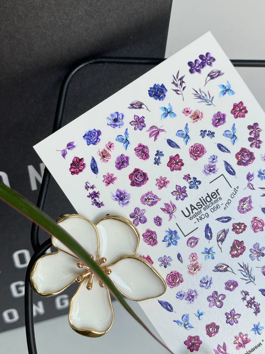 Nail Water Decal NCg-056 | Water Slide Nail Decals with Flowers | Purple and Blue Blooms