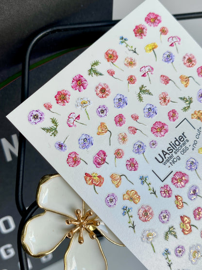 Décalcomanie d'ongles NCg-055 | Décalcomanies à glissière pour ongles | Fleurs sauvages colorées et fleurs des prés