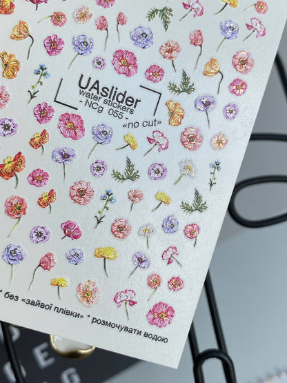 Décalcomanie d'ongles NCg-055 | Décalcomanies à glissière pour ongles | Fleurs sauvages colorées et fleurs des prés