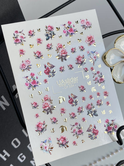 Köröm víz matrica CF-594 | Romantikus rózsaszín rózsák köröm víz matricák | Elegáns virágos matricák arannyal és madarakkal