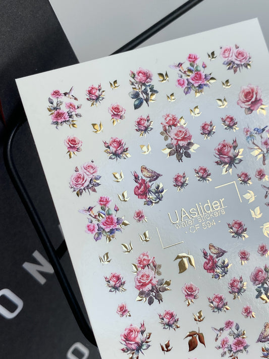 Köröm víz matrica CF-594 | Romantikus rózsaszín rózsák köröm víz matricák | Elegáns virágos matricák arannyal és madarakkal