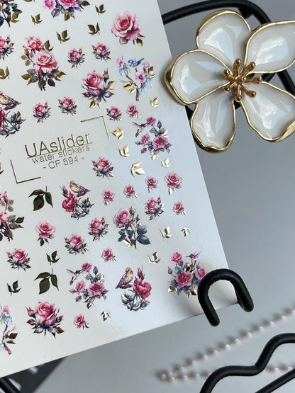 Köröm víz matrica CF-594 | Romantikus rózsaszín rózsák köröm víz matricák | Elegáns virágos matricák arannyal és madarakkal