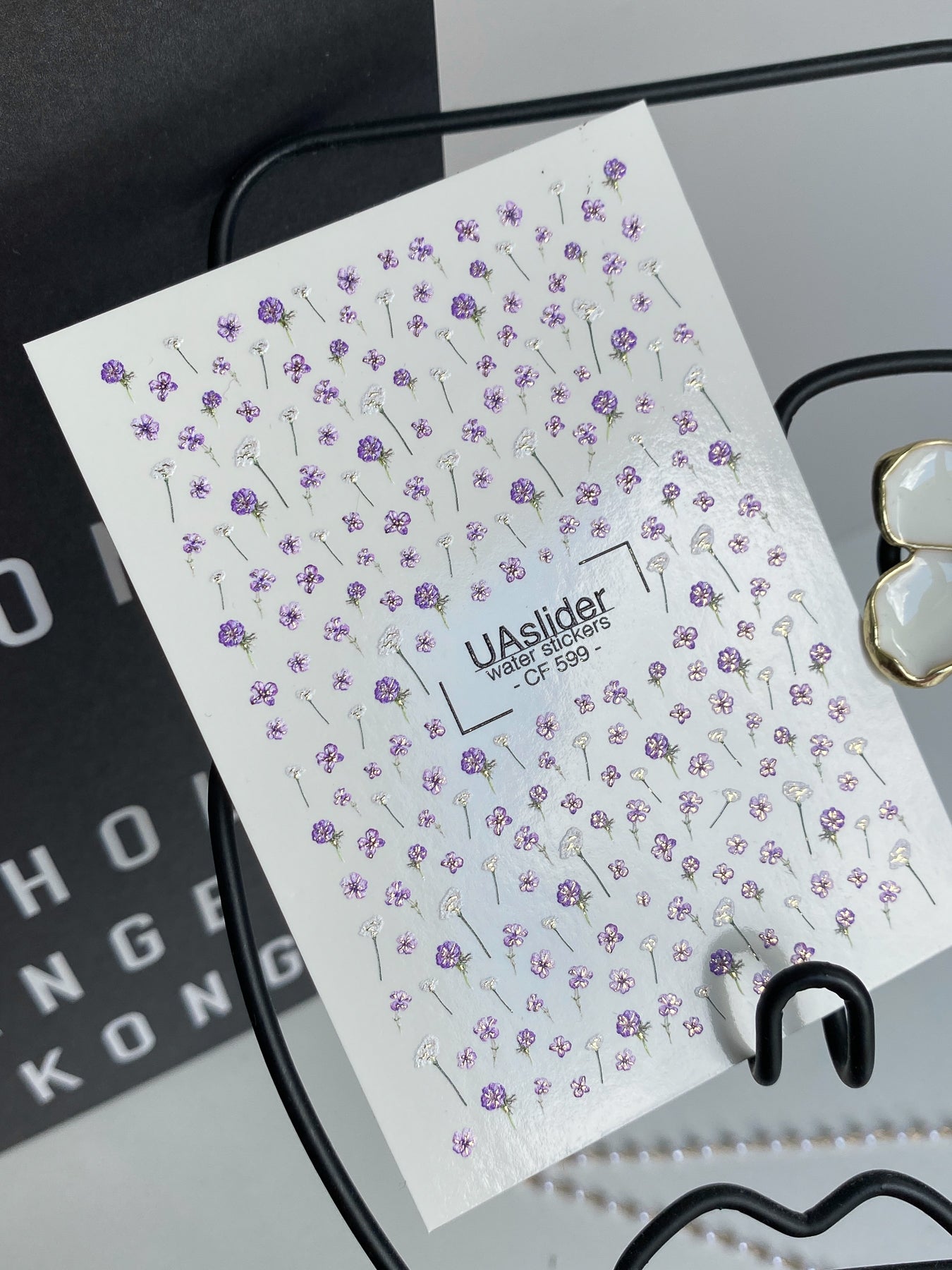 Köröm víz matrica CF-599 | Finom orgona és fehér apró virágos vízcsúsztatós köröm matricák | Minimalista virágos köröm matricák