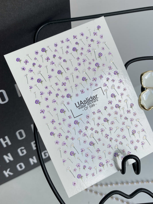 Köröm víz matrica CF-599 | Finom orgona és fehér apró virágos vízcsúsztatós köröm matricák | Minimalista virágos köröm matricák