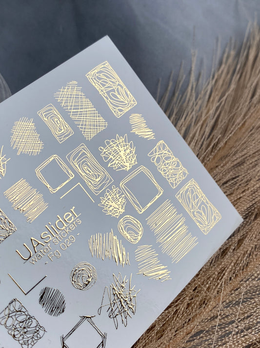 Nail Water Decal Fg-029 | Abstract Sketch Water Slide Nail Decals with Gold Foil | Artistic Line and Shape Designs